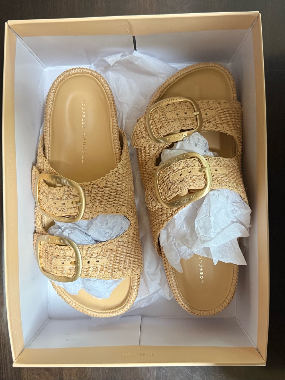 Loeffler Randall Woven Double-Buckle Slide Sandals in Tan